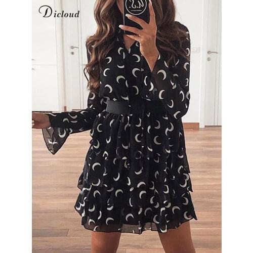 DICLOUD Moon Print High Neck Dress White Black Cascading Ruffle Chiffon Mini Party Dress A Line Long Sleeve Clothing 2020 Female