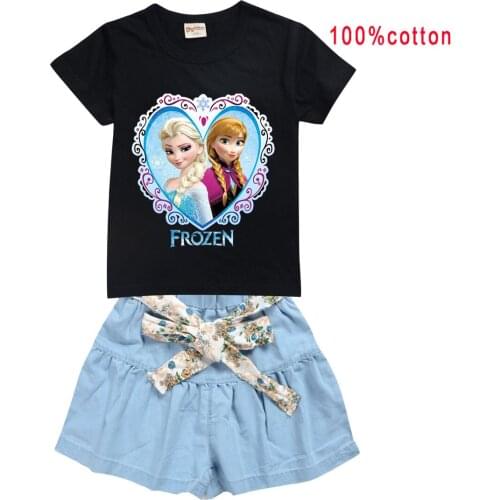 Disney Frozen Summer Children Clothing Cartoon Elsa Cotton T-shirt+ Shorts 2pcs Girls Clothing Sets Kids Summer Suit