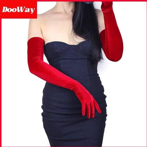DooWay Velvet Gloves Opera Evening Long Stretchy Velours Flannel Hot Red Touchscreen