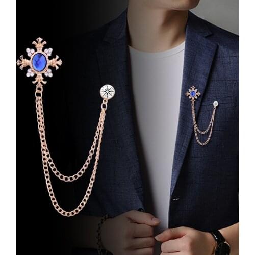 Korean Fsahion Rhinestone Cross Brooch Crystal Tassel Chain Lapel Pins Mens Shirt Collar Badge for Women Jewelry Accessories