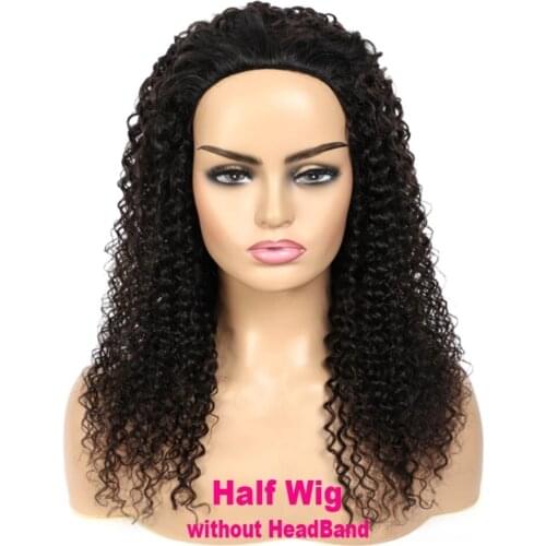 Kinky Curly Headband Wig Human Hair Glueless 3/4 Half Wig for Black Women Malaysian Jerry Curl Human Hair Wig with Ice Headband