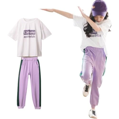 2020 New Girls Clothing Sets Summer Children Letter T-shirt Short Sleeve + purple pants Set Kids Baby Girls sports suits