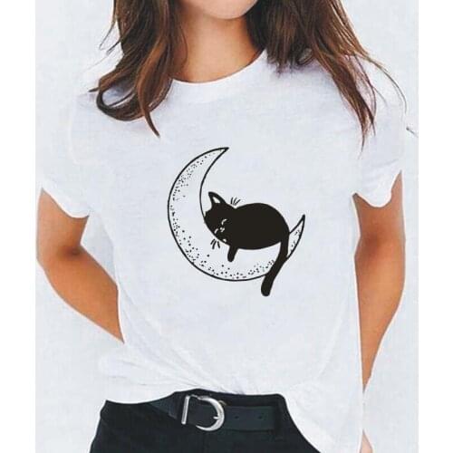 Summer Short Sleeve Casual T Shirt Women Tops Harajuku Hipster Women T Shirt Cute Cat Moon Print Tee Shirt Femme camiseta Mujer