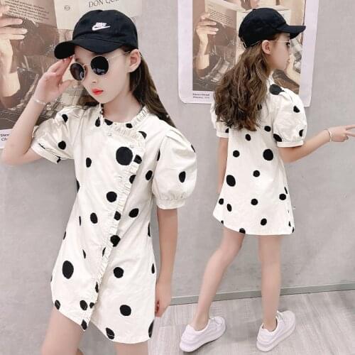 Girls Cheongsam Modified Polka Dot Dress 2021 Summer New Style Bubble Sleeve Children Kids Dresses 14 16 Years Old
