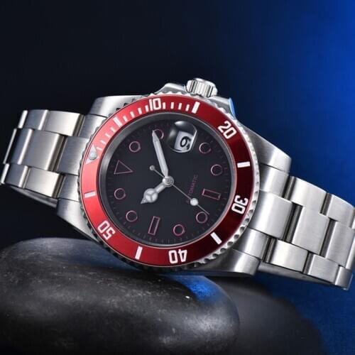 Sterile Black Surface Mens Automatic Mechanical Watch Red Aluminum Bezel Stainless Steel Silver Case