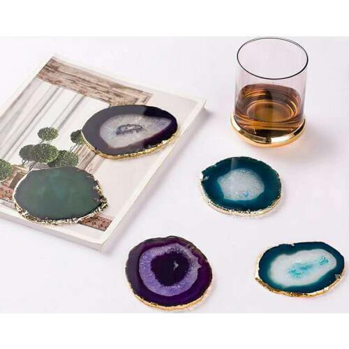 Natural Agate Geode Slice adiabatic Cup Mat Crystal Plate Jade Carnelian Coaster with gilt lace Mineral Specimen Decoration Gift