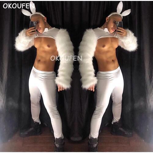 Nightclub bar men and women ds party theme cosplay stage outfit new sexy white Christmas furry rabbit costume suit