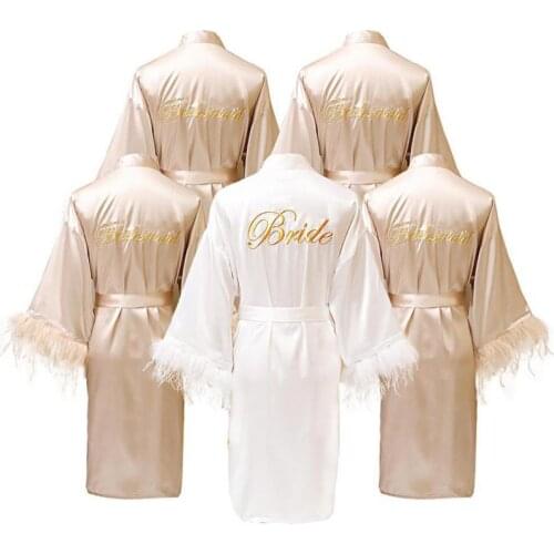 2021 New Women Satin Bride Bridesmaid Wedding Robe Lingerie FEATHER Kimono Bathrobe Gown Nightwear Embroidery Letter Nightgown