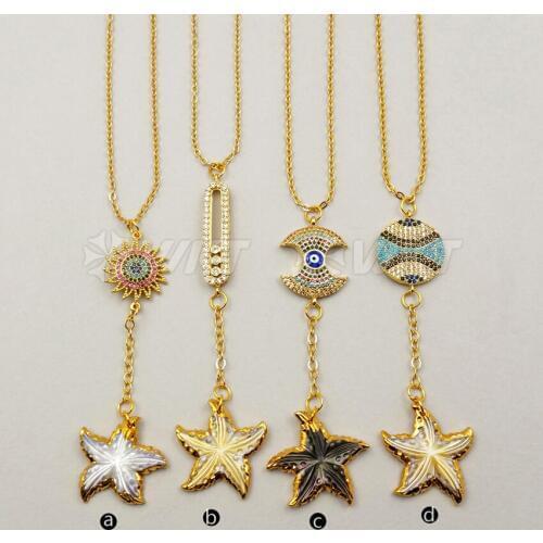 WT-MN930 WKT Wholesale Custom Sundry Cubic Zirconia Link Stars Shell Pendant Neckalce 5 pcs/lot Gold Color Chain Jewelry Marking