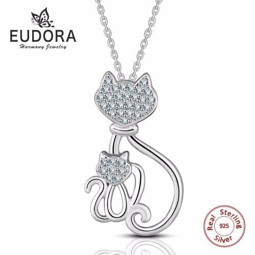 Eudora Genuine 925 Sterling Silver Necklaces Cats Pendants&Necklaces Sterling Silver 925 Kitty Necklace Fashion Jewelry Colar de