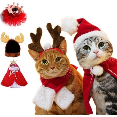Christmas Cats Dogs Santa Costume Cat Clothes for Small Kitten Puppy Outfit Hat Deer Head Scarf Cloak Pet Clothes Accessories