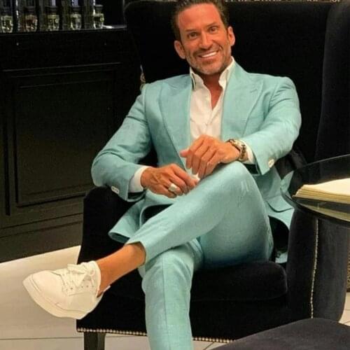 Tailored Made Mint Green Mens Wedding Tuxedos Two Button Peaked Lapel Groom Wear Party Prom Best Men Blazer Suit (Jacket+Pants)