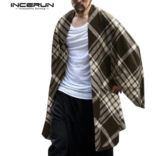 INCERUN Men Coats Turtleneck Plaid Cotton Long Sleeve Trench Ponchos Vintage Streetwear 2021 Casual Irregular Outerwear Cloak