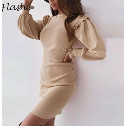 Ruffled Party Dress Women Elegant Long Sleeve O Neck Solid Slim Mini Dress Female Bohemian Spring Autumn Short Dress 2021