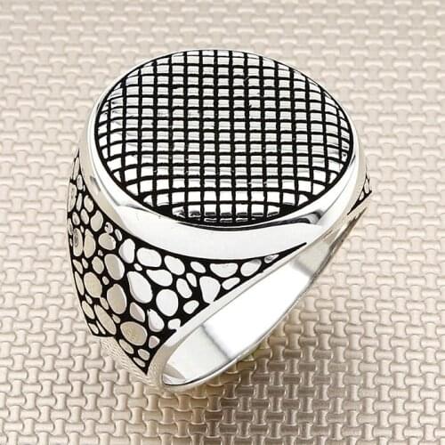 Sterling Silver Round Square Patterned Handmade Vintage Ring For Men Made in Turkey