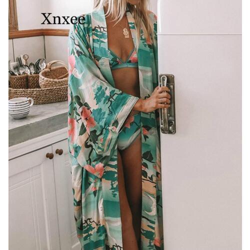 Xnxee Boho Nightingale Pint Maxi Kimono Hippie Chic Tie Waist Belt Women Jacket Loose Kimonos Sleeve Casual Long Cardigan Top