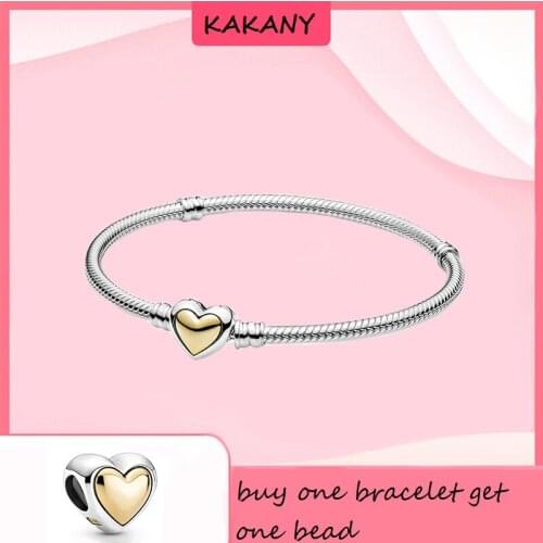 100% 925 Sterling Silver Golden Dome Peach Heart Chain Buckle Snake Bone Chain Bracelet, Fashion Diy Jewelry Gift For Women