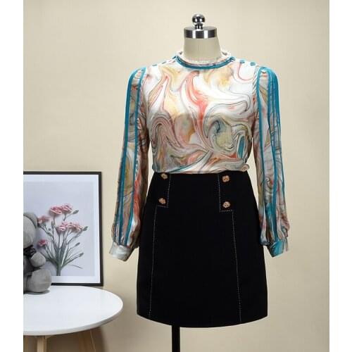 High quality Shirt Women 2021 Spring Stand Collar Lantern Sleeve Print Chiffon Blouse Vintage Lazy Tops