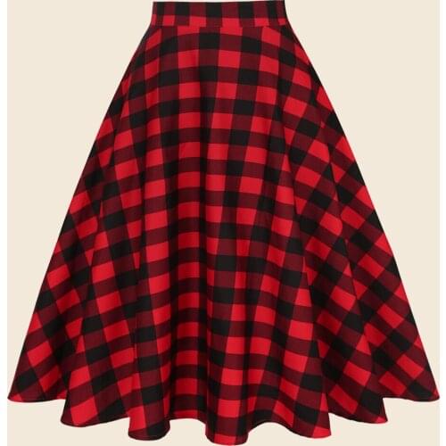 Woman midi long skirt ss0006 big swing spring high waist vintage plaid red yellow black plaid skirt rockabilly