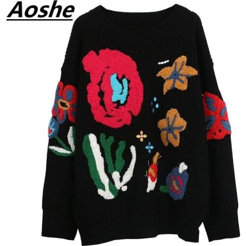 Aoshe Runway Ladys Sweater For Women 2018 New Vintage Flower Embroidery Black Cotton Chic Korean Knit Pullover Oversized Jumper