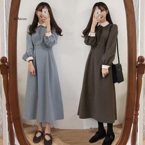 Winter Basic Dress Long Hot Women Fashion Japan Korean Style Design A Line Patchwork White Peter Pan Collar Vintage Dress