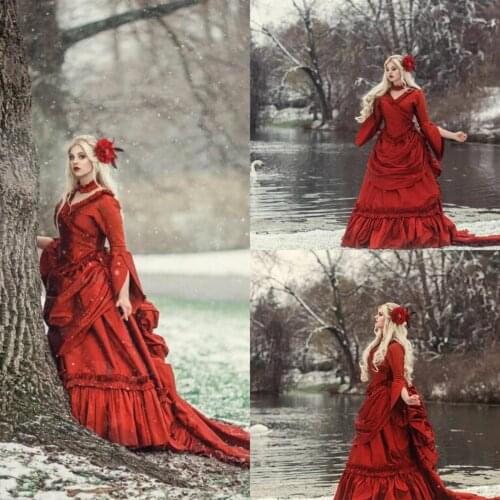 2020 Red Gothic Wedding Dresses V Neck Ruffles Long Sleeve Vintage Victorian Bridal Dress Tiered Skirts Satin Vestidos De Novia