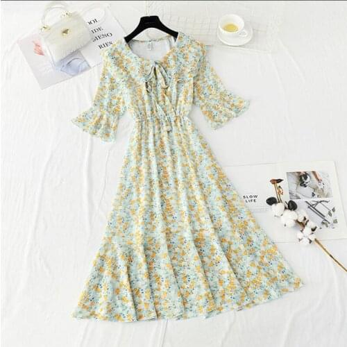 Small fresh Elegant Flare Sleeve Women Dress Summer Floral Print Sweet Chiffon Midi Dress Female Elastic Waist Ruffle Vestidos