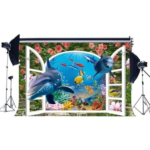 3D Backdrop Underwater World Backdrops Fish Dolphin Crash Brick Wall Fresh Rose Flowers Photography Background