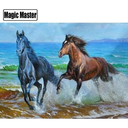 Diamond Mosaic 2 Horses By Sea Full Square Diamond Painting Cross Stitch Kit Diamond Embroidery Sale Picture Rhinestone