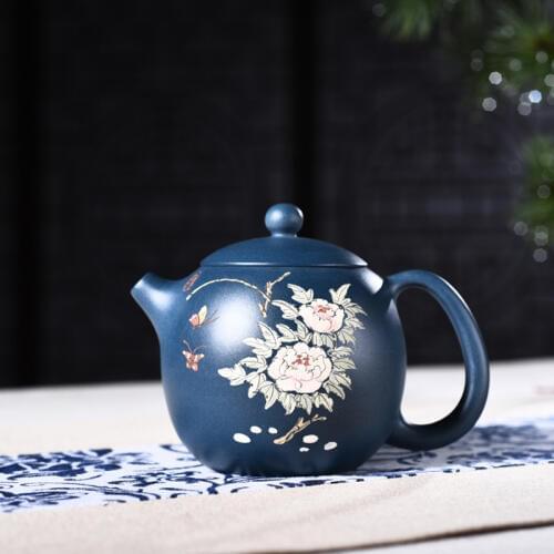 260ml Yixing Purple Sand Tea Pot Genuine Handmade Dark Green Mud Painted High Peony Teapot Kung Fu Tea Kettle Free Shipping