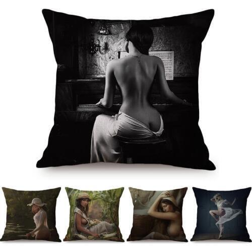 Nordic Sexy Woman Piano Play Countryside Scenery Art Decorative Pillow Case Girl Ass Passionate Dance Pattern Sofa Cushion Cover