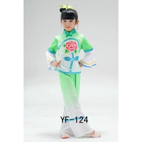 Children chinese classical dance costumes green pink girl handkerchief yangko fan umbrella dance costumes Jiangnan rain tea