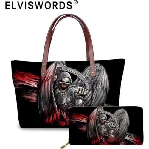 ELVISWORDS Women Handbag$Purse set Skull Pattern Ladies Shoulder Bags Female Top-Handle Gothic Bag Sac a Main Femme Bolsa Mujer