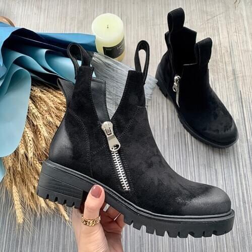 [FVFV]2021 Design grande taille 41 Ankle Boots in Pu Leather Flat Chunky Sole Ankle Boots Lace Up Round Toe Zipper British Style
