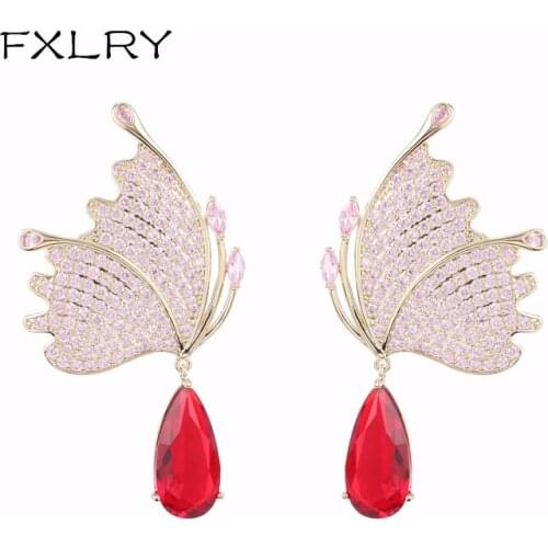 FXLRY High Quality AAA Cubic Zirconia Water Drop Butterfly Drop Earring for Women Fashion Jewelry