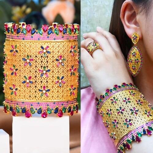 GODKI Luxury Hollow Lace 4PCS Bracelet Ring Earring Set For Women Wedding Bridal Zircon African/Indian/Dubai Bridal Jewelry Set