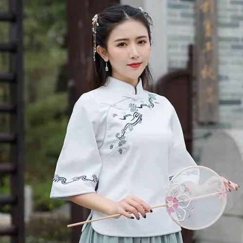 White Multi-size Retro Blue Pink Cotton Linen Summer Han Fu Traditional Chinese Clothing for Women Hanfu Tops Blouse Costum