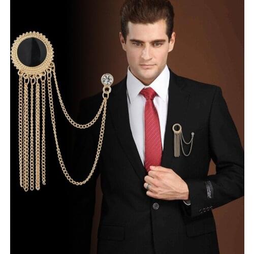 Crystal Brooches Personality Retro Palace Style Mens Unisex Black Tassel Suit Brooch Shirt Collar Pin Fashion Trendy Jewelry