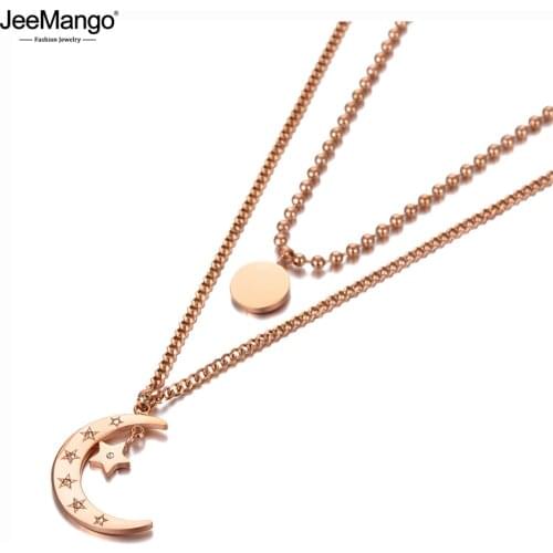JeeMango Trendy 316L Stainless Steel Double-layer Moon Star Charm Choker Necklace Bohemia CZ Pendant Necklace For Women JN20100