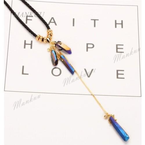 Fashion Druzy Pendant Necklace Leather Chain Point Quartz Crystal Pillar Healing Specimen Natural Stone Women Jewelry Xmas Gift