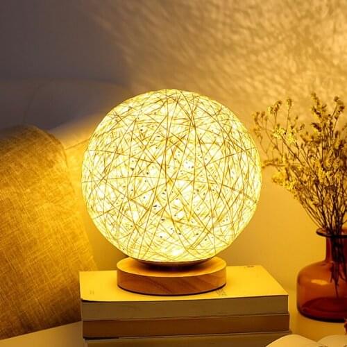 Table Lamp, Creative Led Night Light Lamp with Hand Knitted Lampshade Wood Bedroom Decorative Bedside Lamp