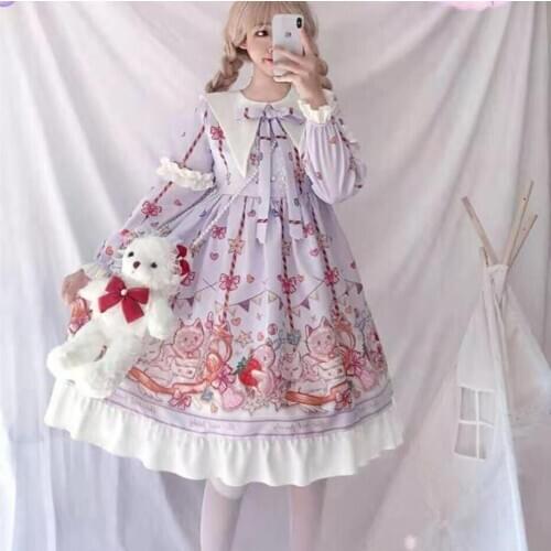 Mothybot Original Elegant Lolita Japanese Dress Soft Girl Spring And Summer Cat Party OP Long Sleeve For Women