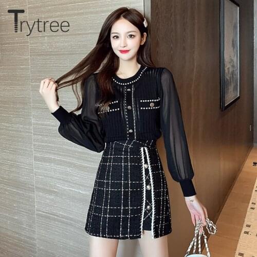Trytree 2020 Autumn Casual two piece Women Sets Sweet Lantern Sleeve Knitted Top + Plaid Mini Skirt Office Lady Suit 2 Piece Set