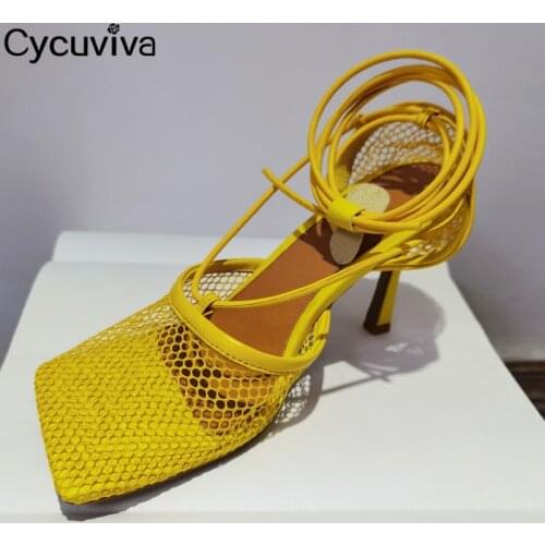 Luxury Brand Shoes Woman High Heel Summer Sandals Air Mesh Ankle Strap Stiletto Sandals Designer Square Toe Party Ladies Shoes