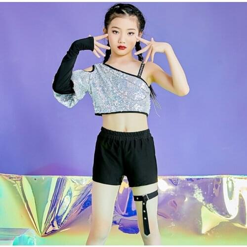 Hip Hop Dance Costumes Girls Jazz Performance Clothes Cheerleaders Street Dancing Wear Kids Silver Sequin Top Shorts DNV13146