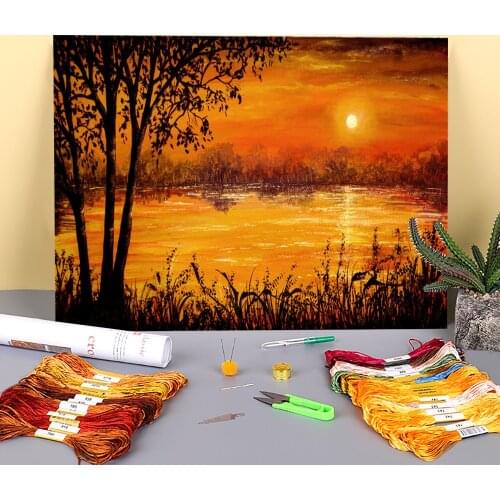 Natural Scenery Burning Sunset Printed Fabric 11CT Cross-Stitch DIY Embroidery Set DMC Threads Handicraft Knitting Stamped