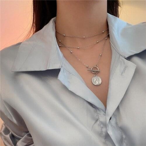 U-Magical INS Fashion Multi-layer Round Bead Chain Head Portrait Pendant Necklace for Women Toggle Clasp Metal Necklace Jewelry