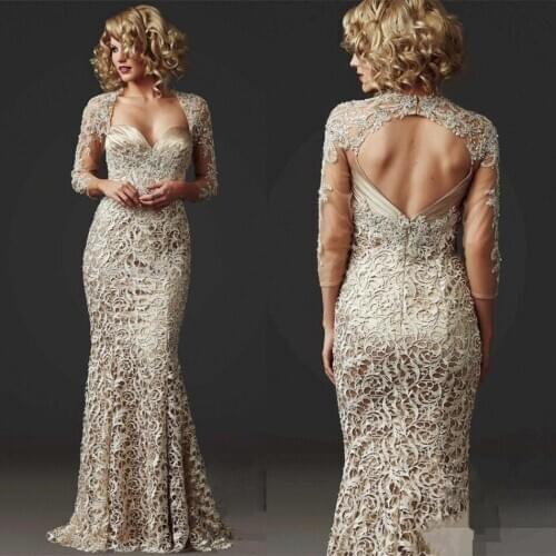 Vintage Full Lace Mermaid Mother of the Bride Dresses Long Sleeve Formal Champagne Evening Gowns Custom Made 2020 Club Dress