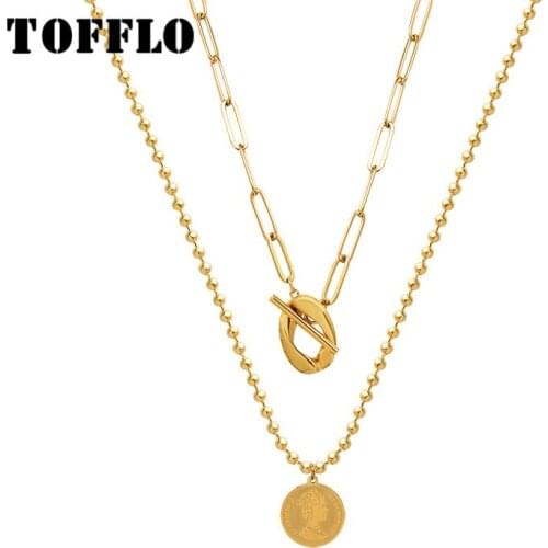 TOFFLO Stainless Steel Jewelry High Quality Necklace OT Buckle Queen Double Necklace Female Collarbone Chain BSP1028