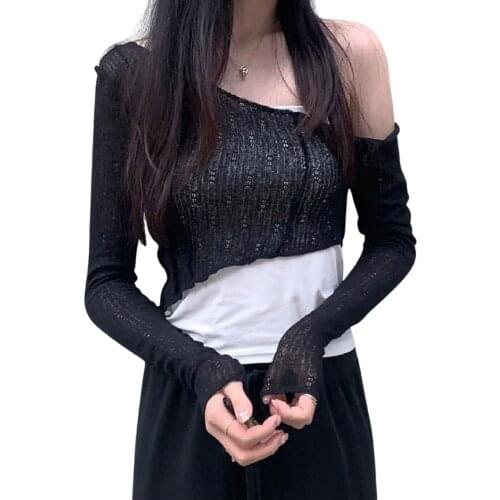 Women One-shoulder T-shirt, Adults Irregular See-through Solid Color Shinny Knit Crop Tops